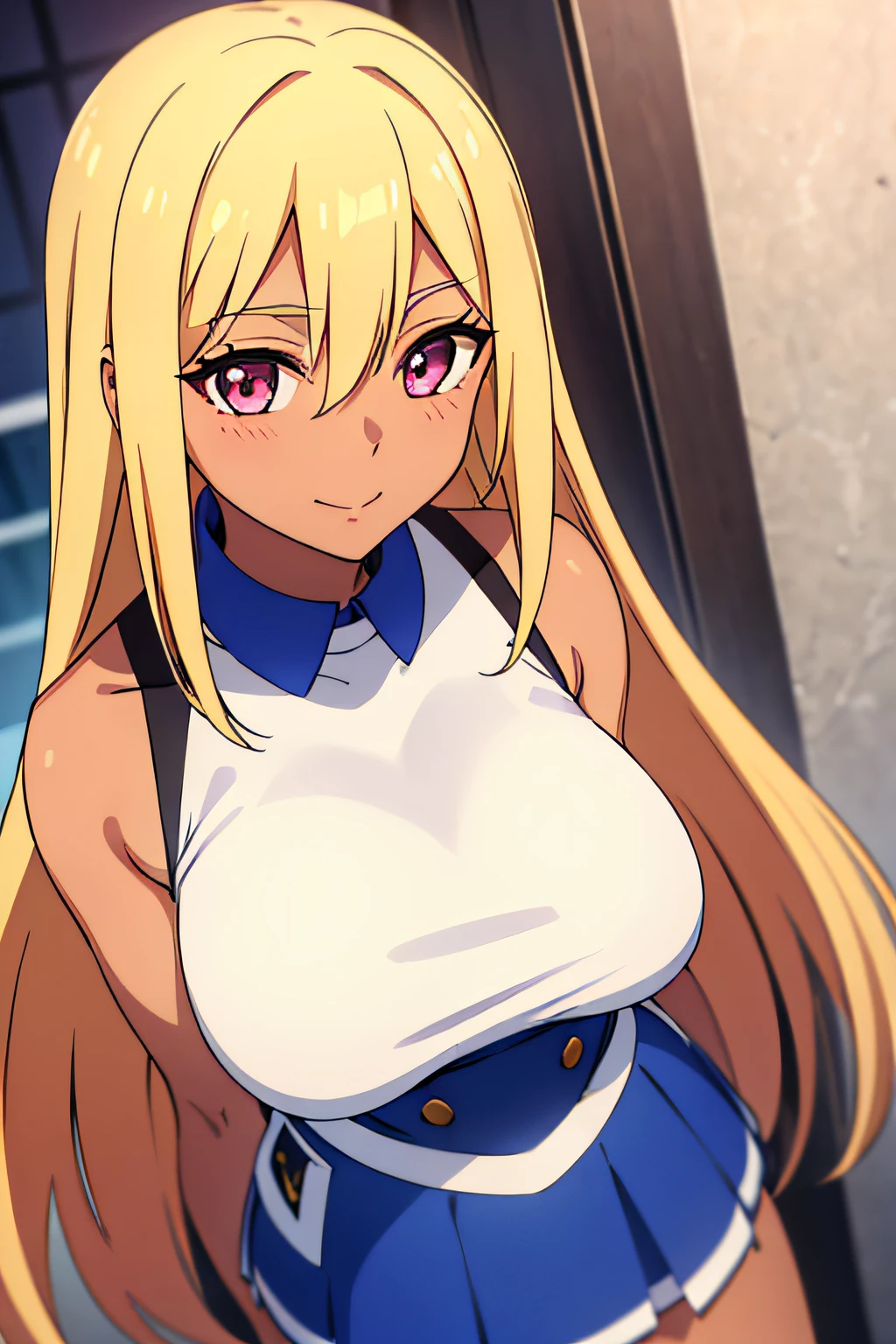 (1 girl in idol dress、costume dress、short skirt) {long straight hair、blonde hairs、pink eyes}、athletic figure、young adult、(((tanned brown skin)))、tight fitting、medium breast、{dutch angle、blushing on cheek、smiling}、(masterpiece、8k quality、sfw、detailed eyes)