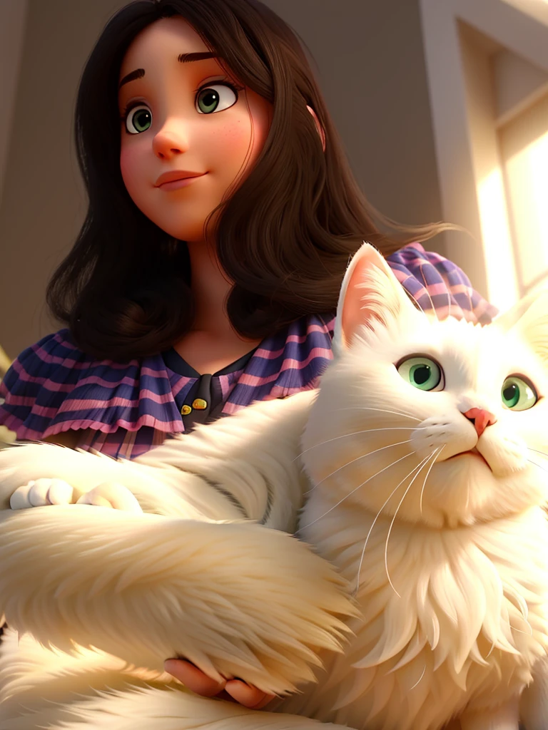 uma garota branca de cabelos escuros, holding a white cat in her arms, alta qualidade, melhor qualidade.
