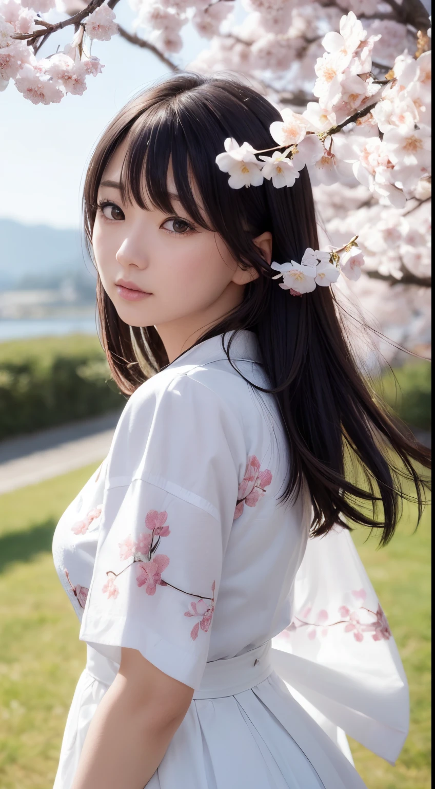 (A logo、masterpiece、8K、masutepiece、Raw photo、Fantastic、Best Quality、Photorealistic and highly detailed CG integrated 8K wallpaper、hightquality、ighly detailed、epic poem、Particle effect、Dynamic effects、depth of fields、Cinematic Light、Lens Flare、Ray tracing)、Fantasia、 (Beauty 1 person、White Japanese Clothing、Japanese dress、White cherry blossom pattern、White cherry blossom embroidery pattern、A dark-haired、Beautiful face、Real Face、beautiful details eyes beautiful skin)、Hair flutters in the wind、Hair jumps、Pink cherry blossom tree、Petals flutter、Sakura blizzard、Superb view、morning glow、Sun in the background、the wind、Deities、tusk、myth、Vast Land、