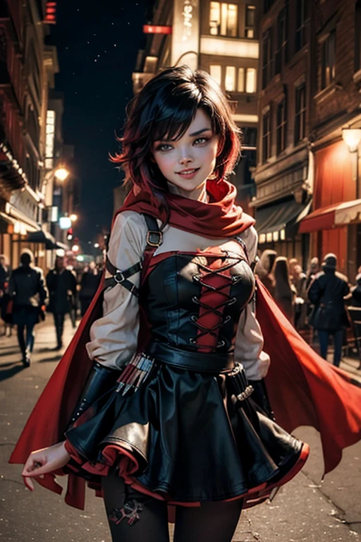 (masterpiece, best quality:1.2), cowboy shot, solo, 1girl, ruby rose, grin, looking at viewer, arms behind back, black dress, long sleeves, red cape, pantyhose, night, cityscape, street