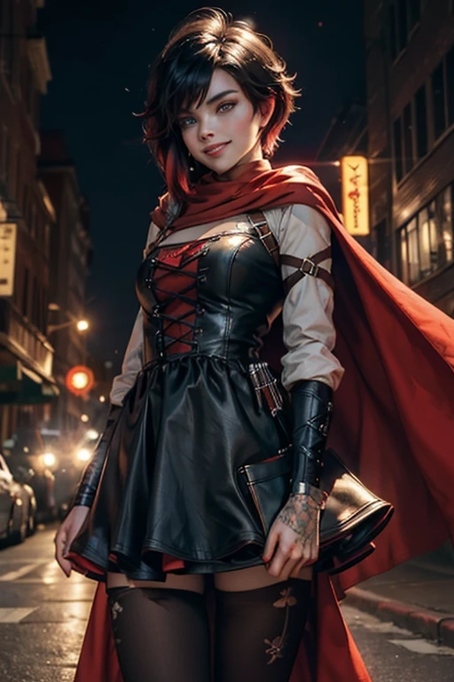 (masterpiece, best quality:1.2), cowboy shot, solo, 1girl, ruby rose, grin, looking at viewer, arms behind back, black dress, long sleeves, red cape, pantyhose, night, cityscape, street