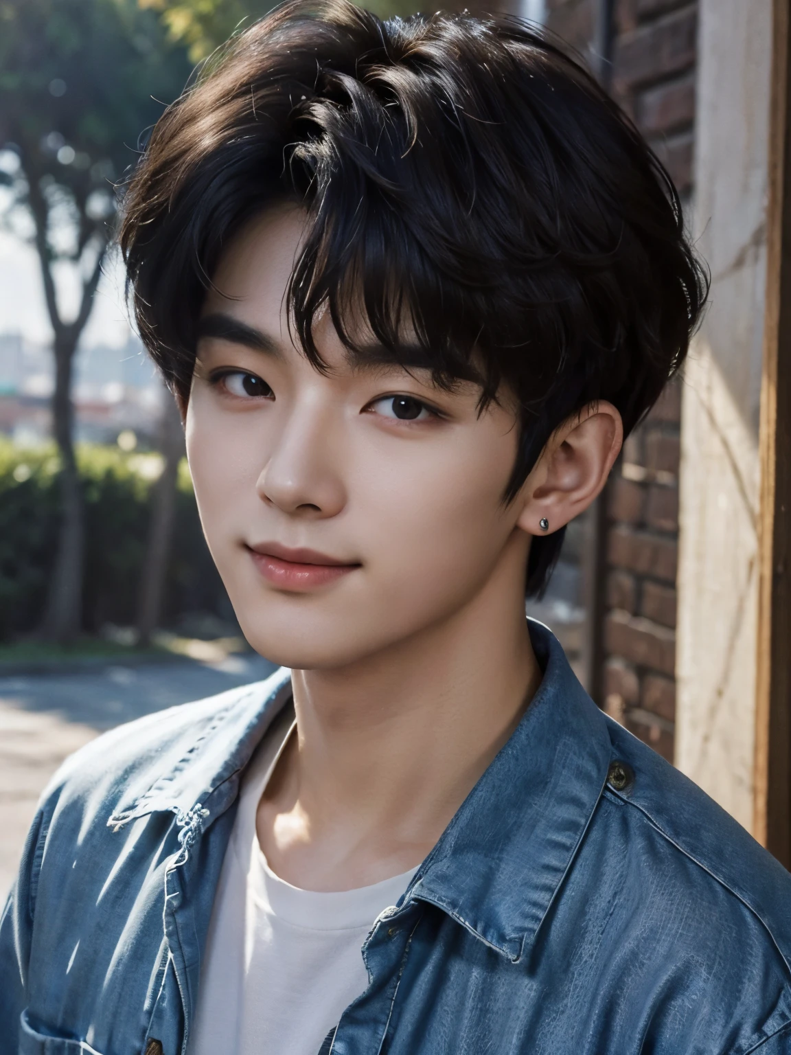 (photorealistic, masterpiece, 8K HD, good lighting quality, portrait, closing up on face, intricate details), a handsome young korean man, 20 years old, cute, happy, smiling brightly, friendly, charming, detailed face, detailed eyes, happy gaze, looking at the sky, casual wear, feathered earring, brown eyes, black hair, smooth hair, curly hair, hair bangs, outdoors, early morning, dreamy world, surrealism, ethereal