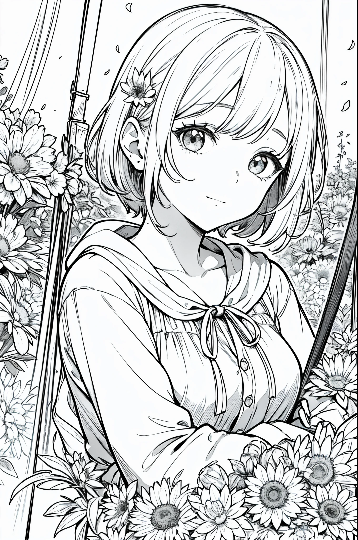 obra prima, melhor qualidade, 1 girl swinging on a swing, sozinho, Cabelos compridos, Olhando para o Viewer, sorrir, franja, saia, Camisa, Mangas compridas, kalap, vestir, Arco, participation, boca fechada, flor, Babados, flor do cabelo, Petals, flower bouquet, Fixing flower, Volantes Centrais, Hood, flower fixing bouquet, campo, flor, campo, arte linear, monocromatic,