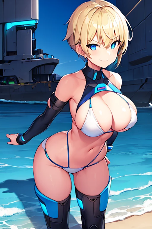 1girl, tomboy, breasts, large breasts, wide hips, blonde hair, beach, futuristic, tech, science-fiction, machinery, smile, smirk, smug, bikini, white bikini, neon, neon trim, blue eyes, very short hair, short hair, pixie cut, blue neon trim, blue trim