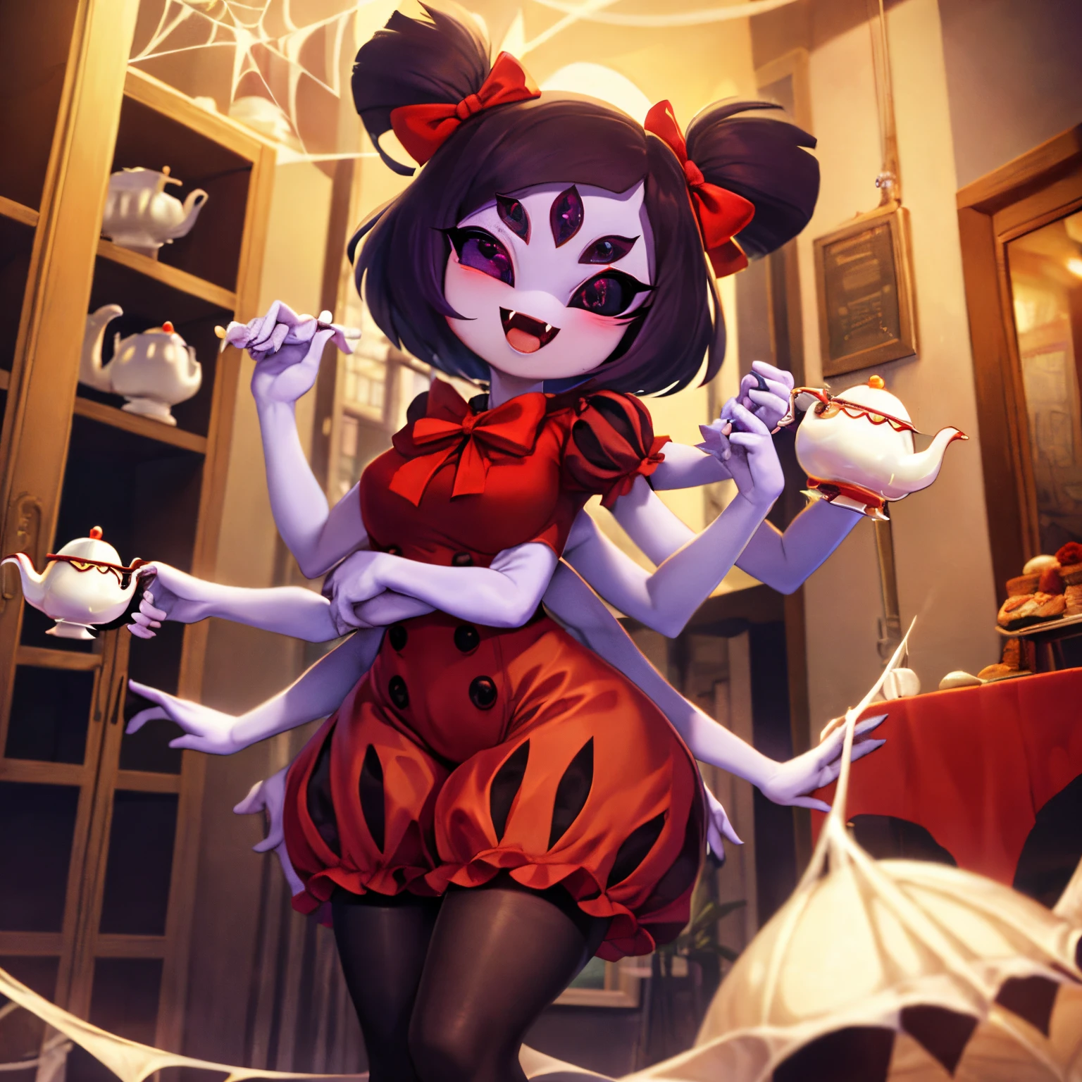 masterpiece, best quality, a beautiful and detailed portriat of muffet, monster girl,((purple body:1.3)),humanoid, arachnid, anthro,((fangs)),pigtails,hair bows,5 eyes,spider girl,6 arms,solo,smile, clothed, open mouth, awesome and detailed background, holding teapot, holding teacup, 6 hands,detailed hands,((spider webs:1.4)), storefront that sells pastries and tea,bloomers,(red and black clothing),inside,pouring into teacup,muffetwear,wide angle lens, fish eye effect,