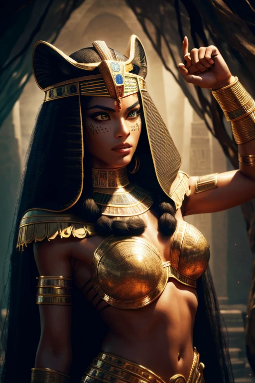 1  Egyptian woman, green eyes, black hair flaps, makeups , upper body, looking at viewer, detailed background, detailed face,  OldEgyptAI, ancient egyptian theme,  feral jungle warrior, obsidian, ((defensive stance)), stone knife, bushes, poisonous plants, rocks,  humid climate, darkness, cinematic atmosphere,
dark chamber, dim light, (zentangle, mandala, tangle, entangle:0.5)
(35mmstyle:1.1), front, masterpiece, 1970s film, , cinematic lighting, (photorealistic:1.5), high frequency details, 35mm film, (film grain), film noise,