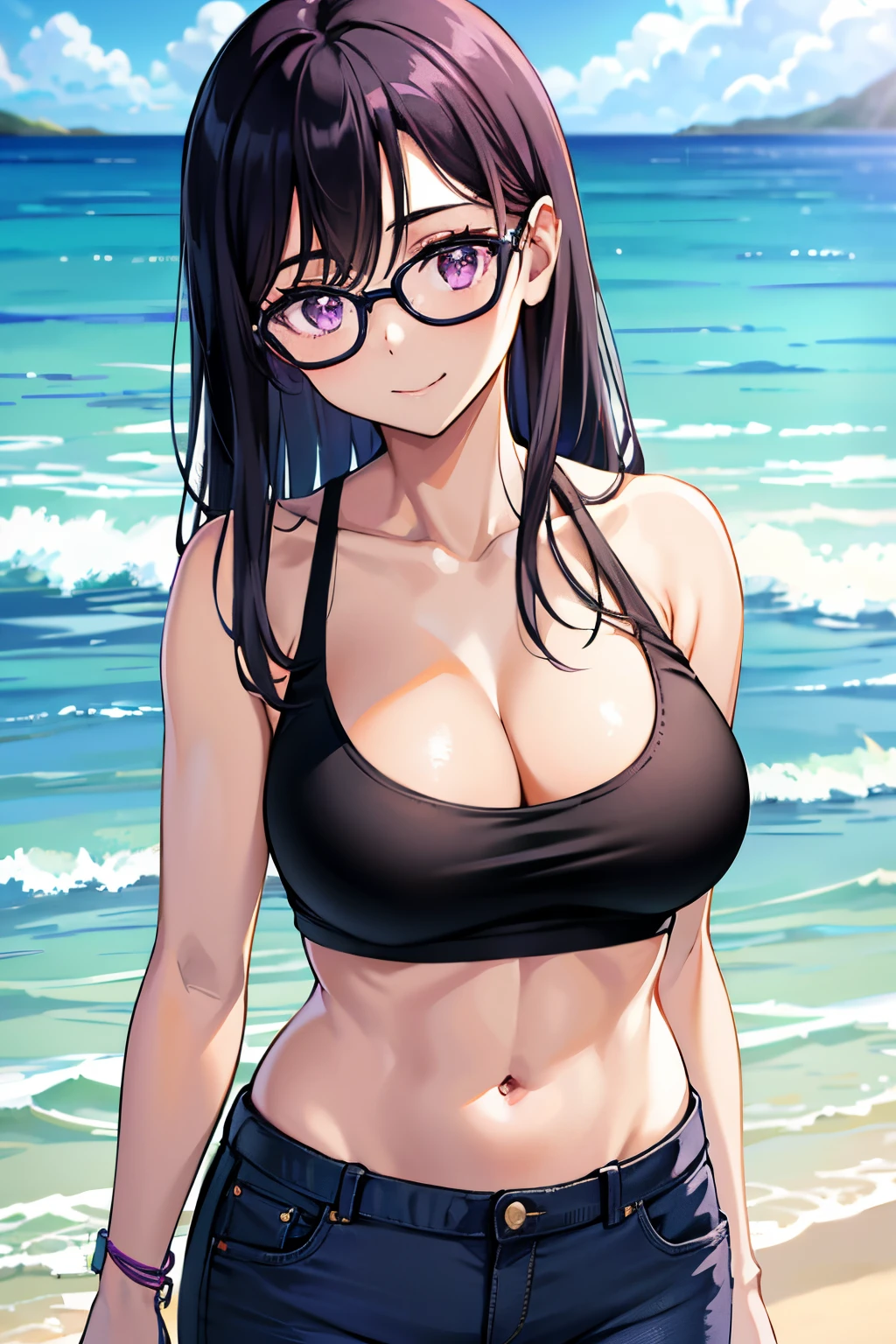 1girl,alone, hizuru minakata, long hair, black hair, black glasses, purple eyes, smiling, seductive, night, outdoors, beach, black tank top, cleavage, tight blue jeans, big breasts, medium waist, medium hips , wide thighs, looking at viewer, pov (from below), standing,