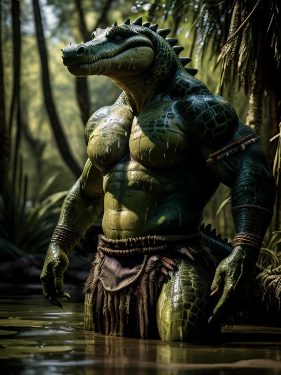 sweat drops, photography, (cool posing:1.1025), , ultra realism shading, anthro, green, gator, photorealistic, nude, suggestive, (rembrandt:1.1025), huge pecs, tribal, warrior, biceps, (loincloth:1.05), tiny small waist, slim hunk, nsfw, in a swamp, white belly, tail