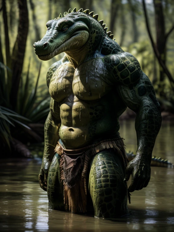 sweat drops, photography, (cool posing:1.1025), , ultra realism shading, anthro, green, gator, photorealistic, nude, suggestive, (rembrandt:1.1025), huge pecs, tribal, warrior, biceps, (loincloth:1.05), tiny small waist, slim hunk, nsfw, in a swamp, white belly, tail