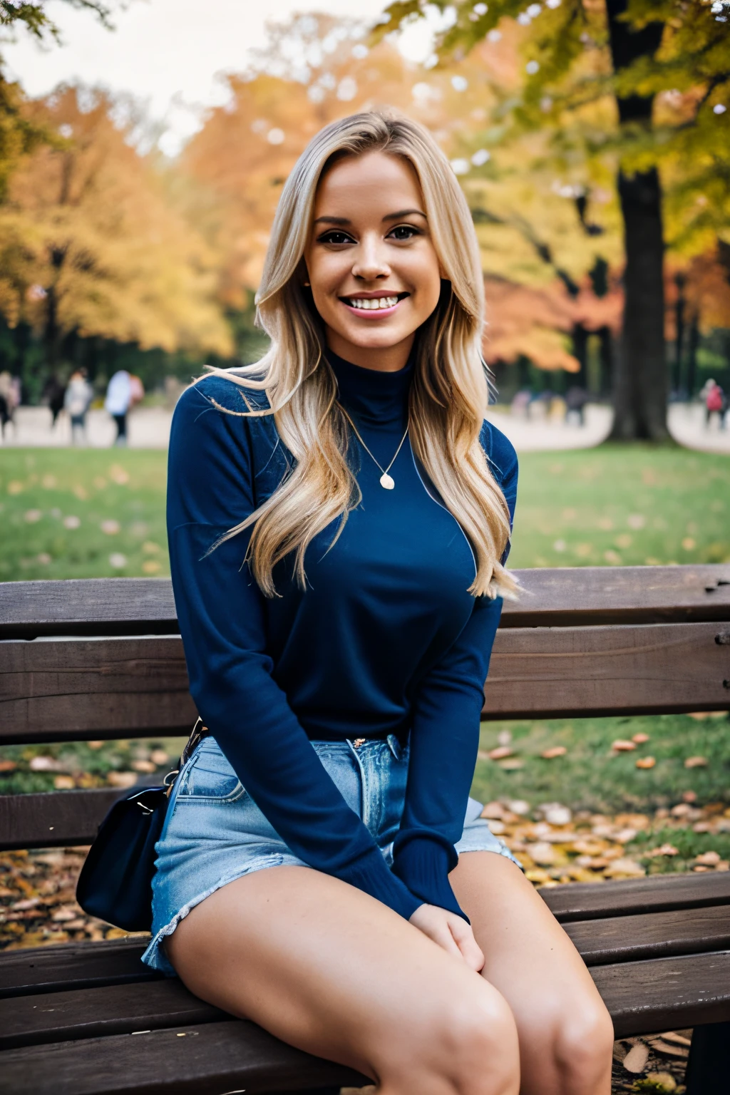 hyper-realistic selfie of a beautiful blonde haired female named Madison Taylor, thin face, laughing hysterically, sitting on a park bench in the autumn in Central park, nice breasts, stylish clothing, ((standing))