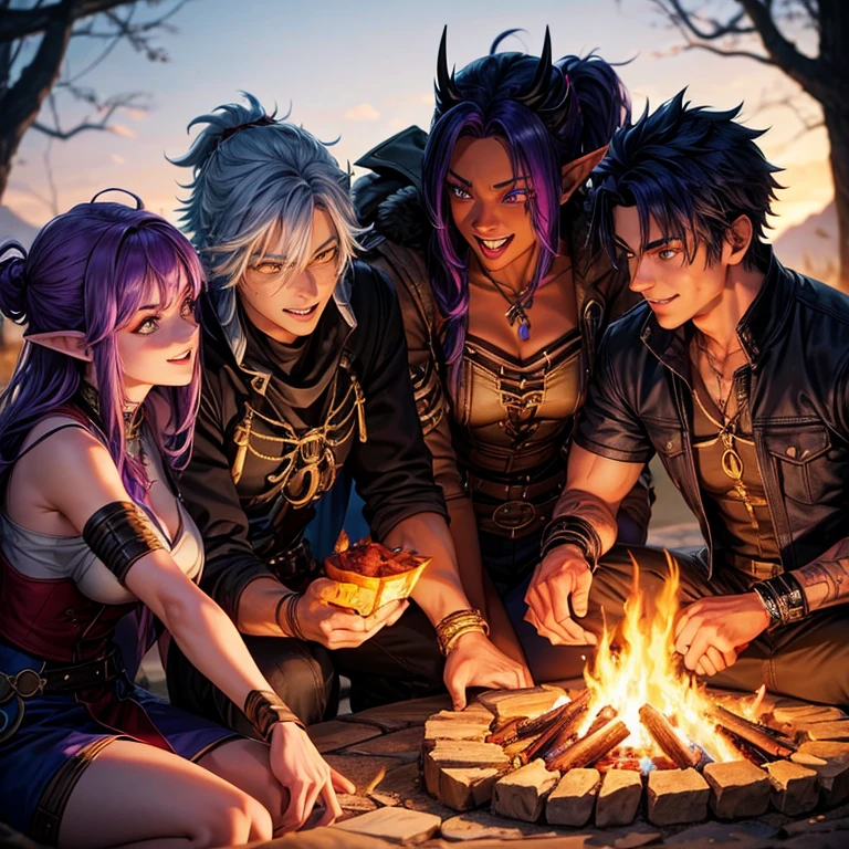 High def campfire with one hot female with blue and purple hair, one dark elf male ranger with yellow eyes, and one human gritty male weapons master with short messy hair. Laughing and enjoying the vampire.