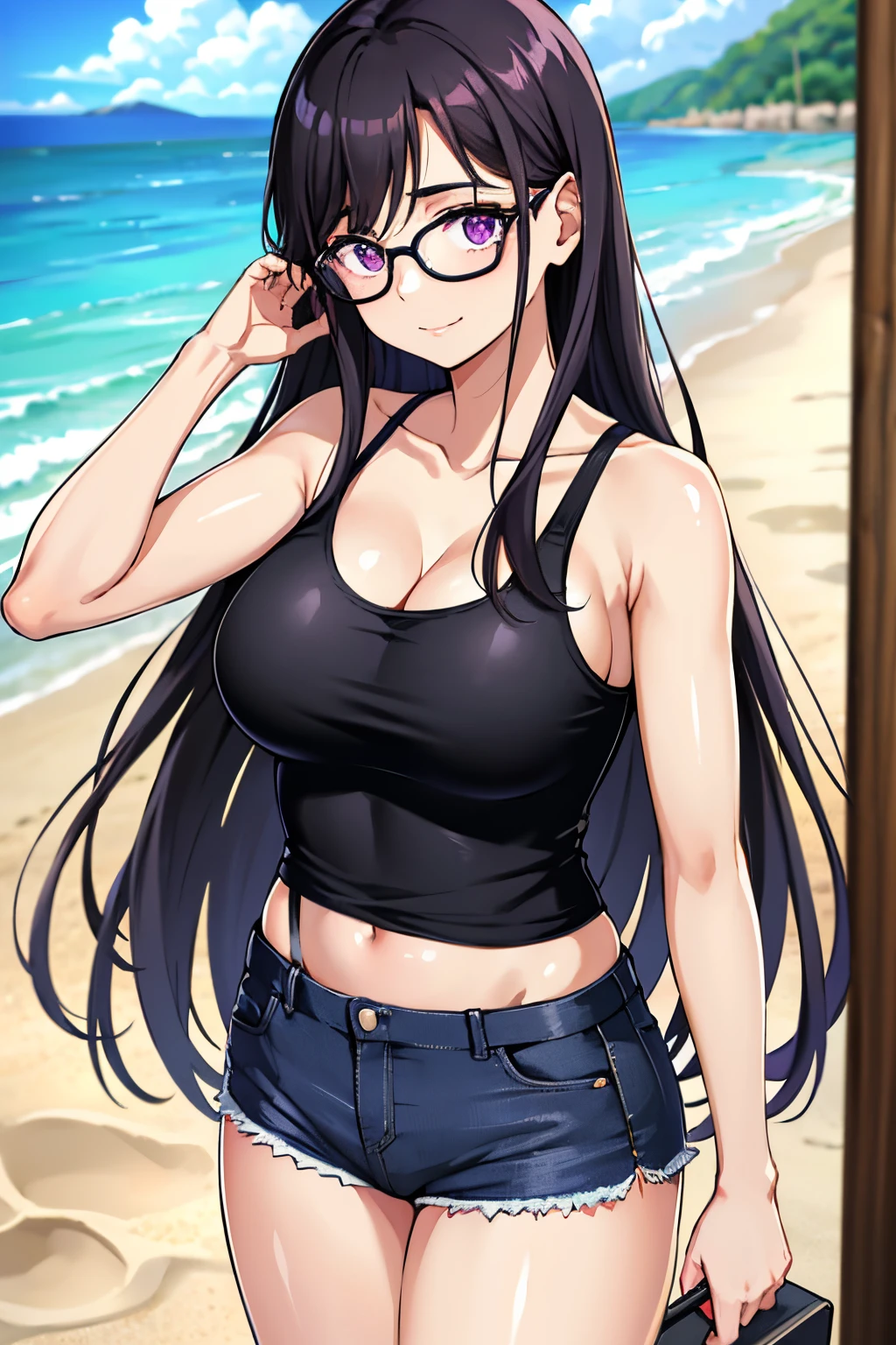 1girl,alone, hizuru minakata, long hair, black hair, black glasses, purple eyes, smiling, seductive, night, outdoors, beach, black tank top, cleavage, tight blue jeans, big breasts, medium waist, medium hips , wide thighs, looking at viewer, pov (from below), standing,