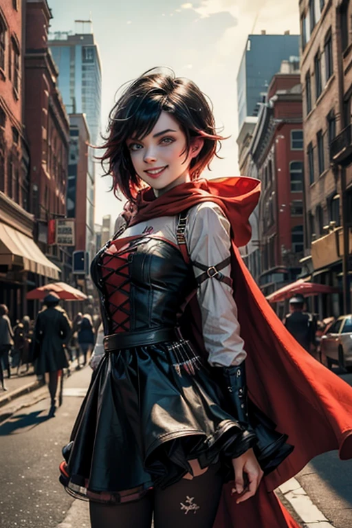 (masterpiece, best quality:1.2), cowboy shot, solo, 1girl, ruby rose, grin, looking at viewer, arms behind back, black dress, long sleeves, red cape, pantyhose, night, cityscape, street