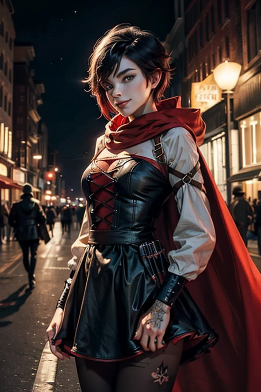 (masterpiece, best quality:1.2), cowboy shot, solo, 1girl, ruby rose, grin, looking at viewer, arms behind back, black dress, long sleeves, red cape, pantyhose, night, cityscape, street