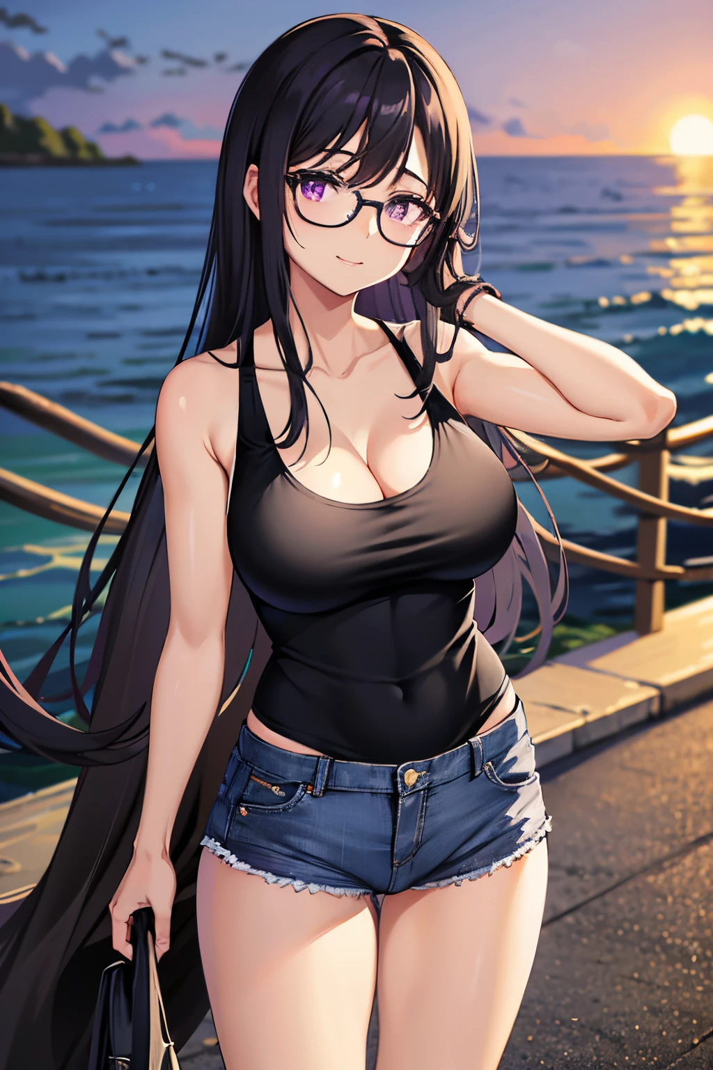 1girl,alone, hizuru minakata, long hair, black hair, black glasses, purple eyes, smiling, seductive, night, outdoors, beach, black tank top, cleavage, tight blue jeans, big breasts, medium waist, medium hips , wide thighs, looking at viewer, pov (from below), standing,