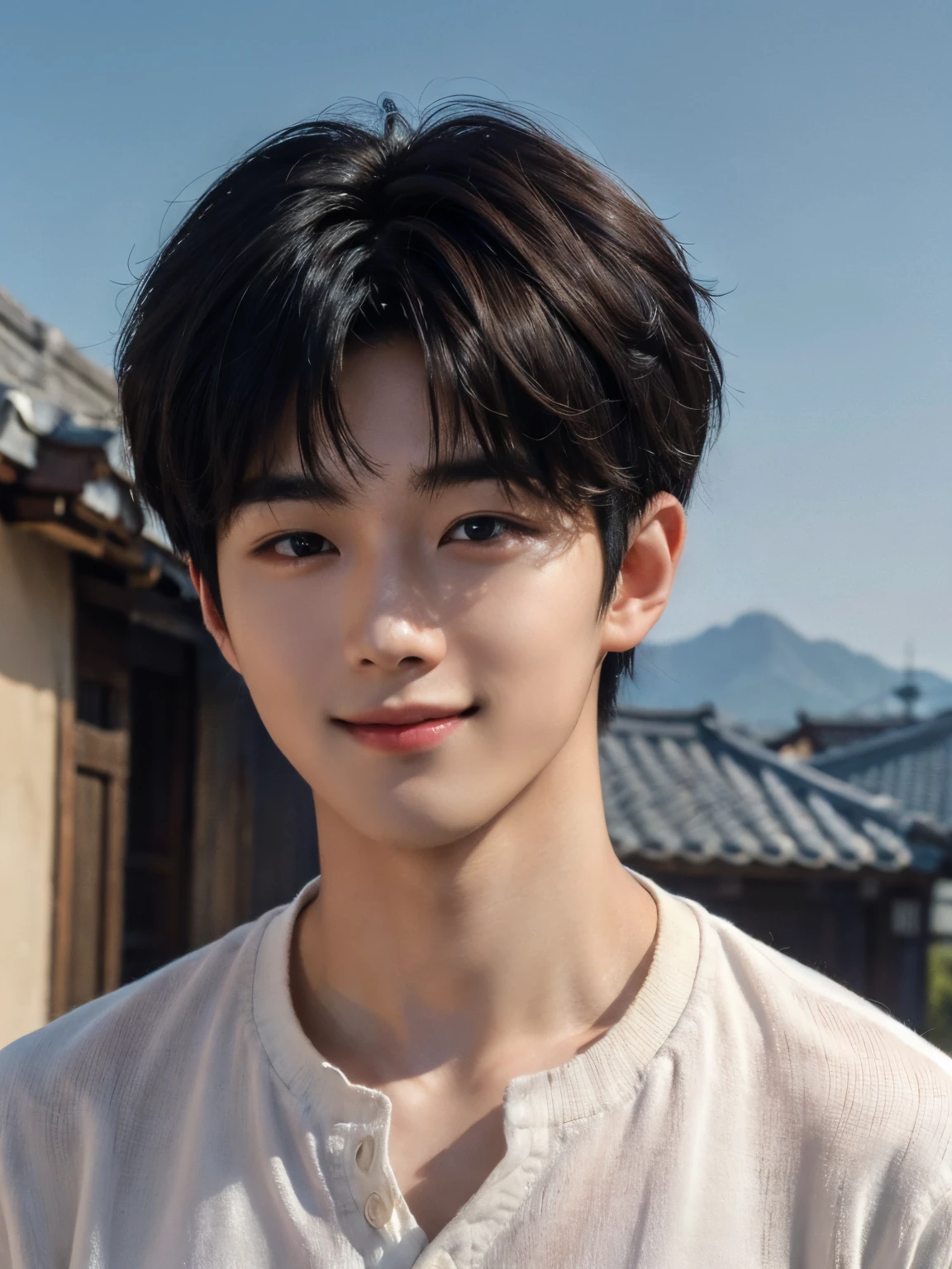 (photorealistic, masterpiece, 8K HD, good lighting quality, portrait, closing up on face, intricate details), a handsome young korean man, 20 years old, cute, happy, smiling brightly, friendly, charming, detailed face, detailed eyes, happy gaze, looking at the sky, casual wear, brown eyes, black hair, smooth hair, fluffy hair, hair bangs, outdoors, early morning, dreamy world, surrealism, ethereal