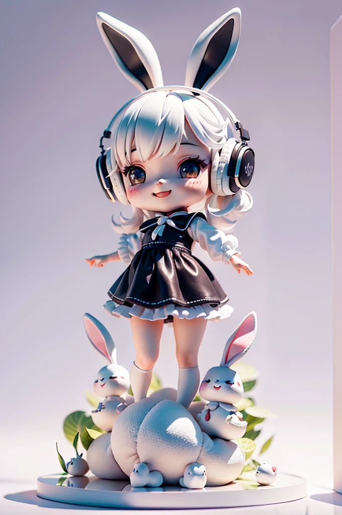 (Masterpiece), (Excellent), (Ultra Detailed), (Full Body: 1.2), (Solitary), White Theme, Bunny Magician, Cute, Open Mouth, Smile, Headphones, Popmart Blind Box, Clay Texture, Stepping on Earth, Black and White Background, Natural Light, Best Quality, Ultra Detail, 3D Art, C4D, OC Renderer, 3D Rendering, 8K
