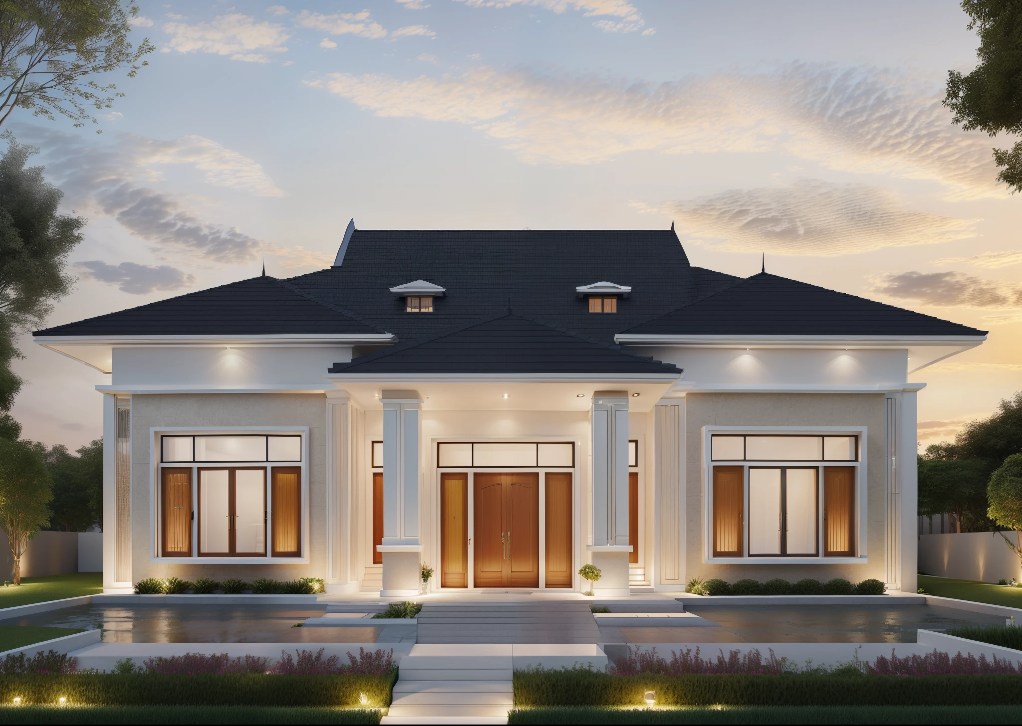 a drawing of a small house with slope roof, ((The layout of the house follows the sketch:1.4)), (brightenness:1.3), (morden:1.3)), (road:1.3), large space infront of, detail flower front perspective, frontview, perspective view, wide frontal view, front view, front-view, rendering, elevation view, front elevation view, all white render, sketch - up, frontal view, symmetrical front view, front facing view, front elevation, 3/4 front view, front side view,"A picture showcasing a captivating modern villa, featuring an expansive and well-ventilated yard adorned with vibrant flowers and flourishing trees."(RAW photo), highest quality, (masterpiece:1.2), High detail RAW color photo, extremely detailed CG unity 8k wallpaper, (photo realism:1.4), (highres), hyperdetailed, (photorealistic:1.2), (best quality:1.erfect anatomy, (exterior), model villa, super realistic , 32k