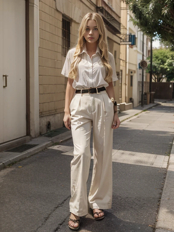 blondehair、Full body like、Teenage female、Beautie、Wide pants、Shirt-in、a belt