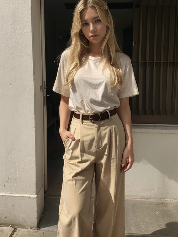 blondehair、Full body like、 female、Beautie、Wide pants、Shirt-in、a belt