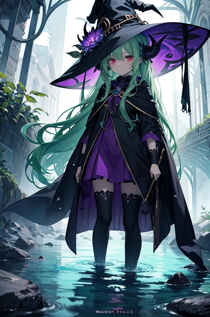 there is a witch girl with purple hair and green skin standing in the water, 1girl, long hair, wading, green hair, red eyes, gloves, looking at viewer, very long hair, horns