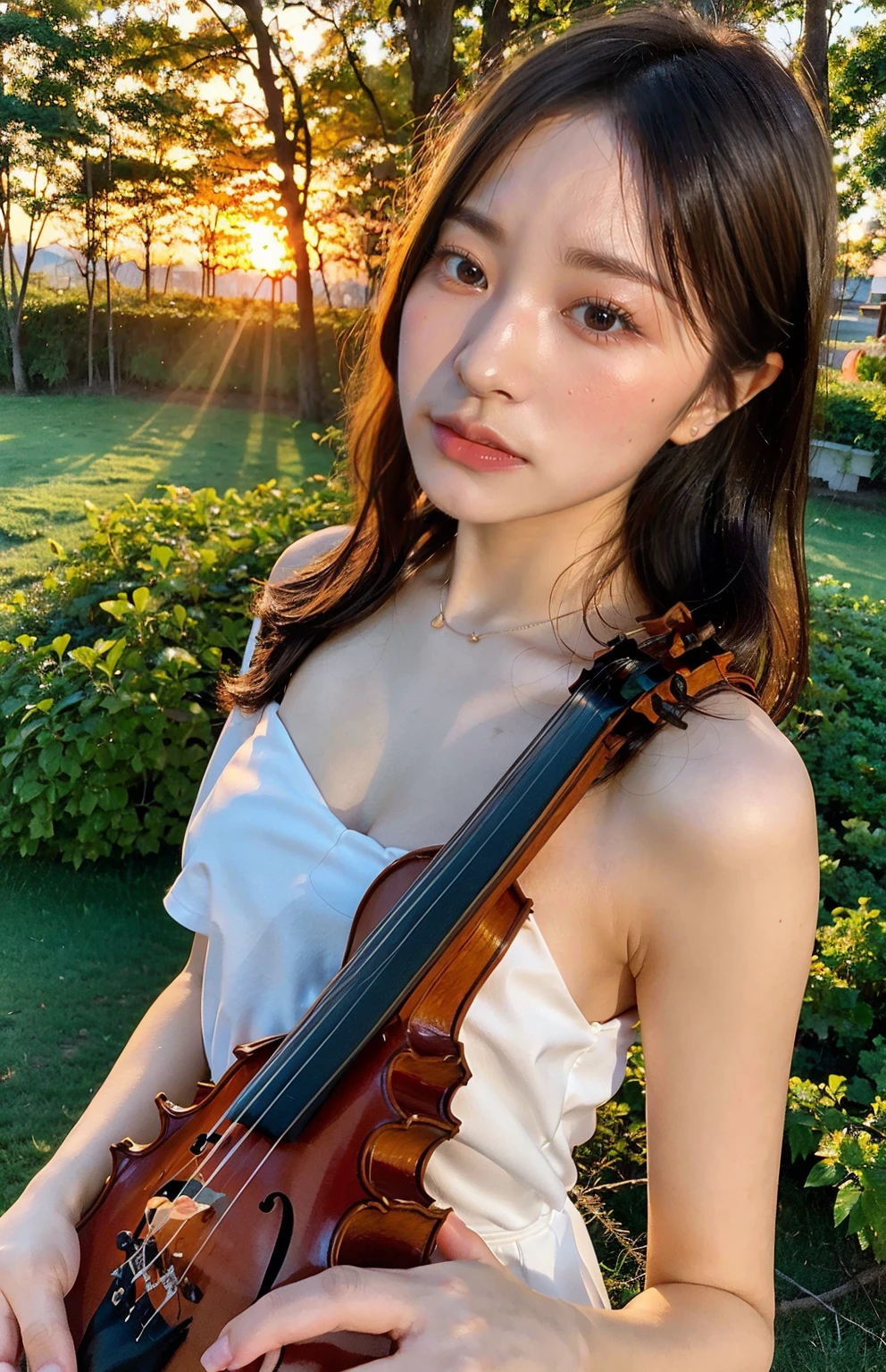 All naked、violin、Japanese、Nurse、One girl,　fullnude、playing violin、the woods、Illuminated by the setting sun、at the sunset、fullnude、Orange sunset、Soio、Acneol、Rough skin、Moles all over the body、murky、Dark Face、fullnude