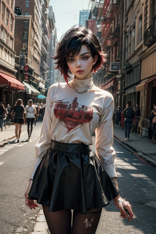 (masterpiece, best quality:1.2), cowboy shot, solo, 1girl, ruby rose, looking at viewer, arms behind back, black skirt, t-shirt, long sleeves, pantyhose, cityscape, street