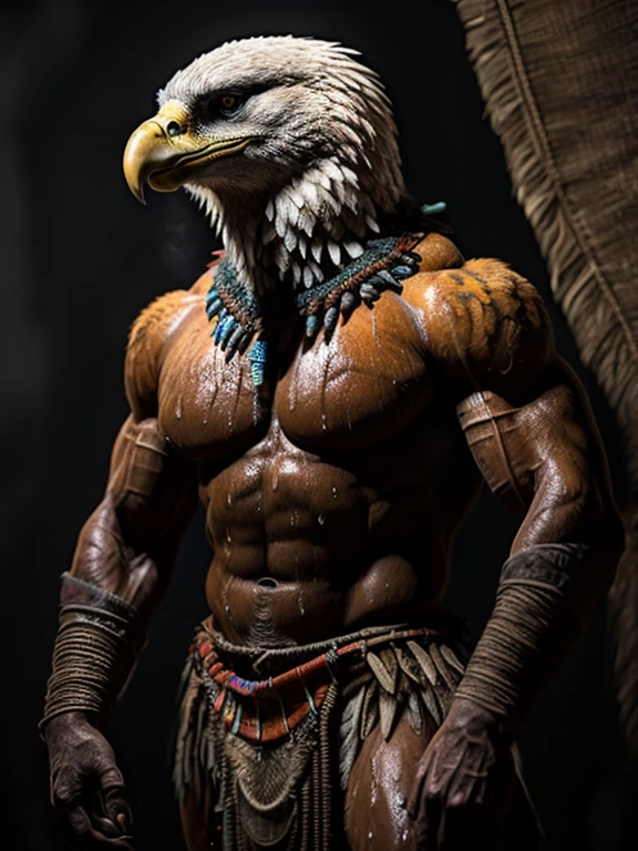 sweat drops, photography, (cool posing:1.1025), , ultra realism shading, anthro, eagle, photorealistic, nude, suggestive, (rembrandt:1.1025), huge pecs, tribal, warrior, biceps, (loincloth:1.05), tiny small waist, slim hunk, nsfw, white belly