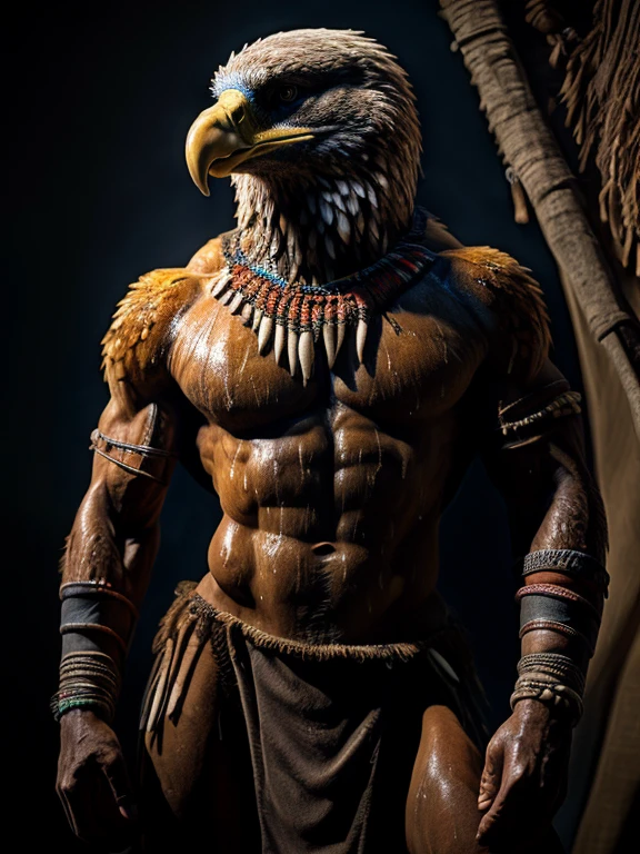 sweat drops, photography, (cool posing:1.1025), , ultra realism shading, anthro, eagle, photorealistic, nude, suggestive, (rembrandt:1.1025), huge pecs, tribal, warrior, biceps, (loincloth:1.05), tiny small waist, slim hunk, nsfw, white belly