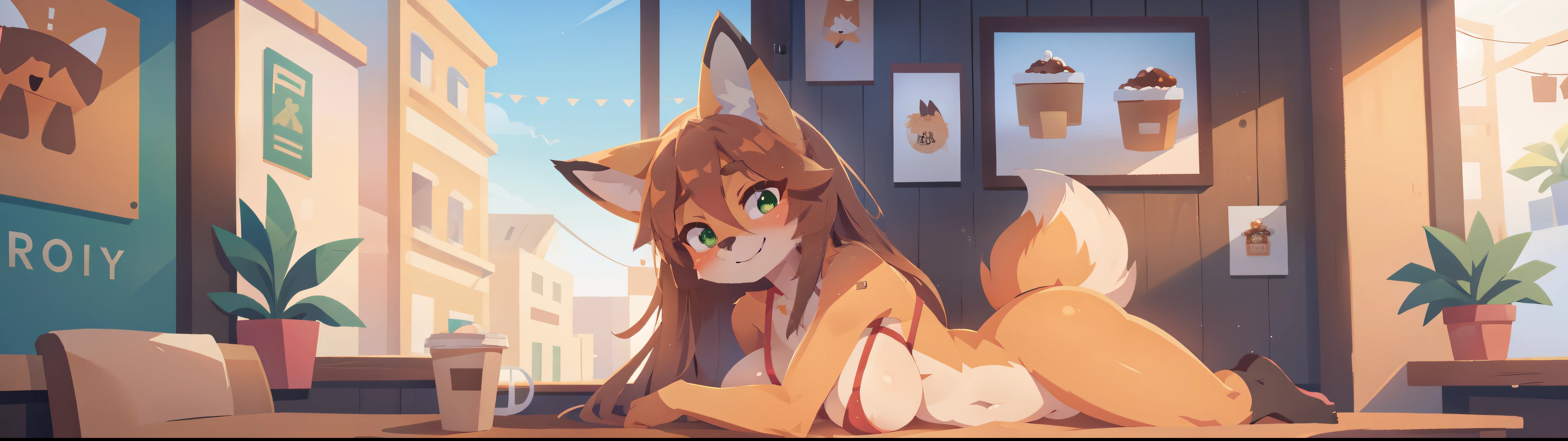 anthro, female, fox, face, green eyes, cute, eyes, zoom, tits, coffee shop, eyelashes, smile, 2d, 4k, 8k, detailed, high res, absurd res, bikini, long hair, laying on side, nsfw