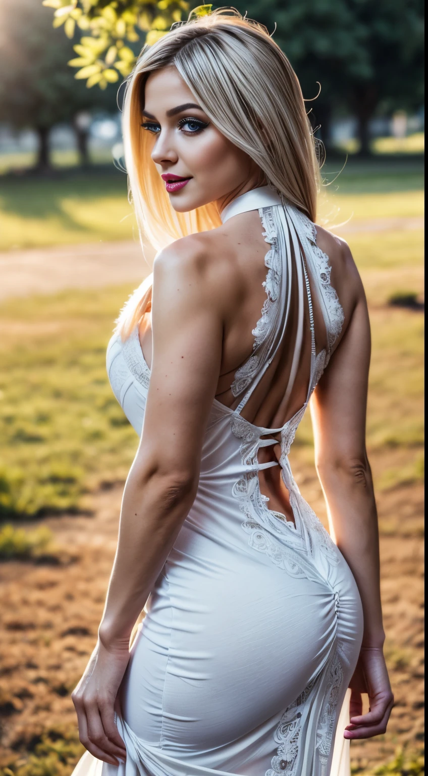 (masutepiece, Best Quality), ultra-detailliert, Photorealsitic, white hair woman, ((Intricate pattern halter neck backless maxi dress, Watermark Lace)), sexy underwear, Stockings, high-heels, a necklace, Lace Accessories,  hair adornments, Wavy Hair, Perfect face, Beautiful face, enticing, big gorgeous eyes, I have my mouth wide open, heavy make up, Pink lips, Dark Eye Makeup, Blue eyes, seducting smile, Glamorous body, chubby body, Voluptuous body, (a park), taking a walk in the park