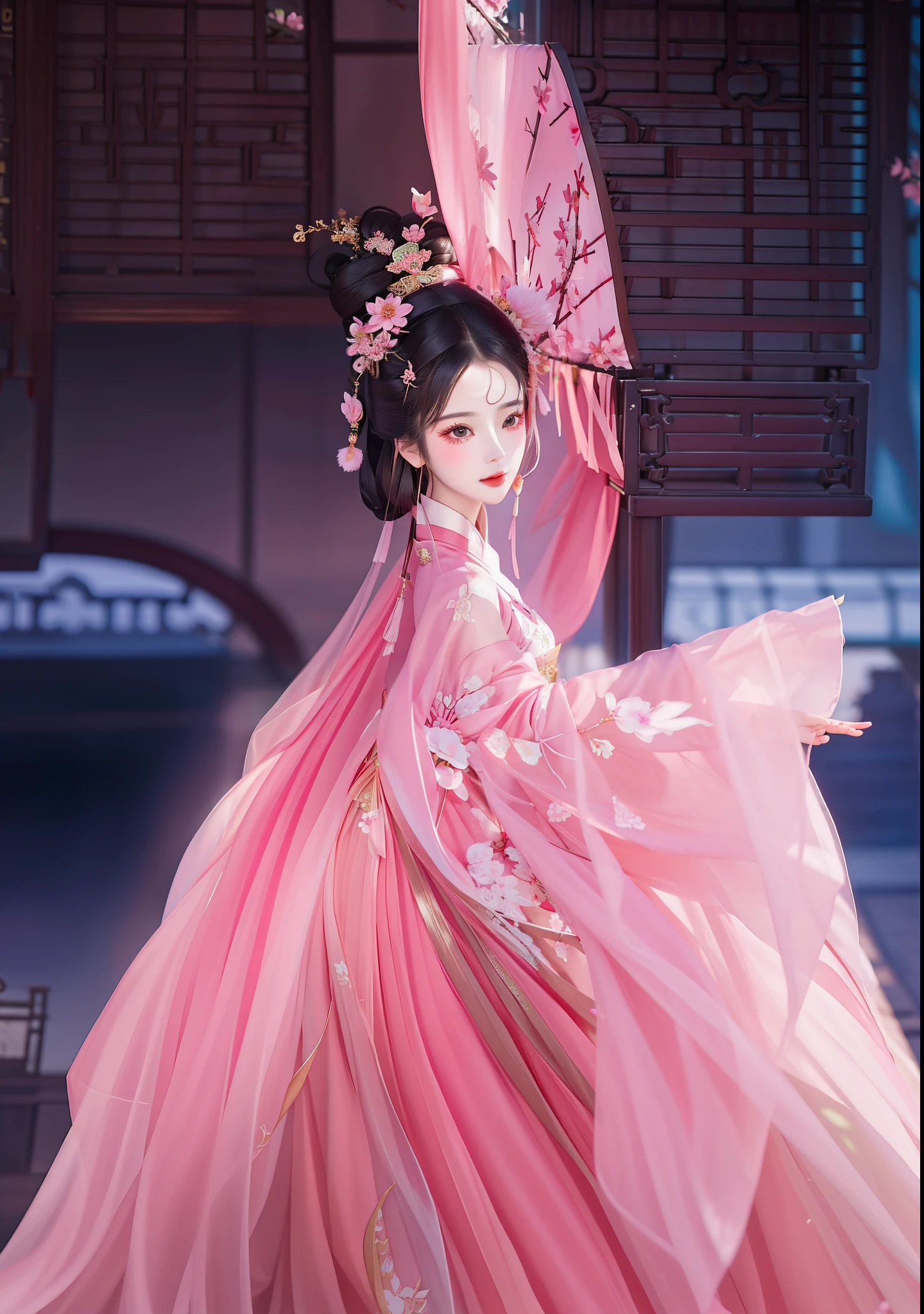 araffe wearing pink dress，Wear a fan on your head, full body xianxia, beautiful fantasy empress, Inspired by Lanying, Inspired by Qiu Ying, ((beautiful fantasy empress)), 宮 ， A girl in Hanfu, chinese empress, Inspired by Plum Tree, Inspired by Puhua, Chinese outfit