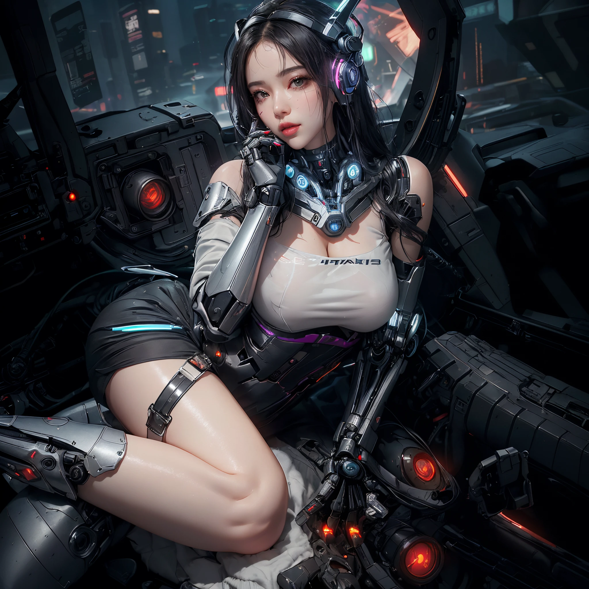 There is a woman in a futuristic suit sitting in a chair, Popular topics on cgstation, Cute robot girl, cyberpunk anime girls mecha, Mecha Grid Boy Cyberpunk Anime Girl, Beautiful robot girl, robot-girl, an oppai cyberpunk, cyberpunk anime girl, digital cyberpunk anime art, gas station trends, Cyberpunk beautiful girl,(8K, RAW photogr, realistically:1.25) ,( shiny lip, eyeslashes, gloss face, Skin glows, Best quality, 超高分辨率, depth of fields, color difference, Caustics, Wide light, naturalshadow)