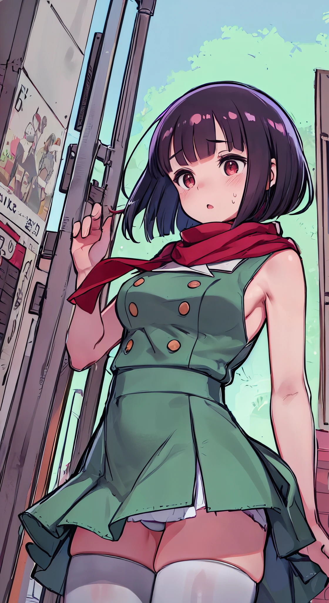 (Perfect body),Best Quality,16 K、((((Short stature))))、((((Lori))))、(white shirt)、(Red mini skirt)、(White panty)、(((blush)))、(((:o)))、(((embarrassed from)))、I have my mouth wide open、Blunt bangs、(short-hair)、(((bob cuts))),(Sweat)、((red scarf))、((Big ass))、(((huge-breasted)))、(((thick thighs)))、Armpits、In the street、((Angle from below、Skirt twisted by the wind))