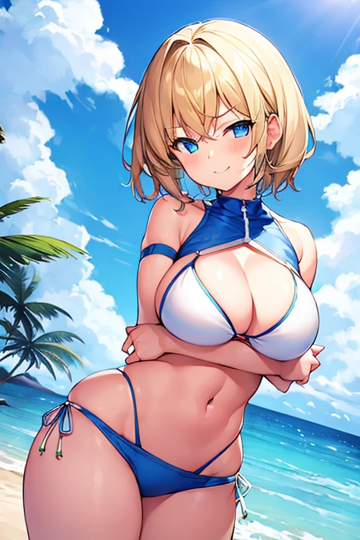 1girl, tomboy, breasts, large breasts, wide hips, thick thighs, blonde hair, beach, futuristic, tech, science-fiction, machinery, smile, smirk, smug, bikini, white bikini, neon, neon trim, blue eyes, very short hair, short hair, pixie cut, blue neon trim, blue trim