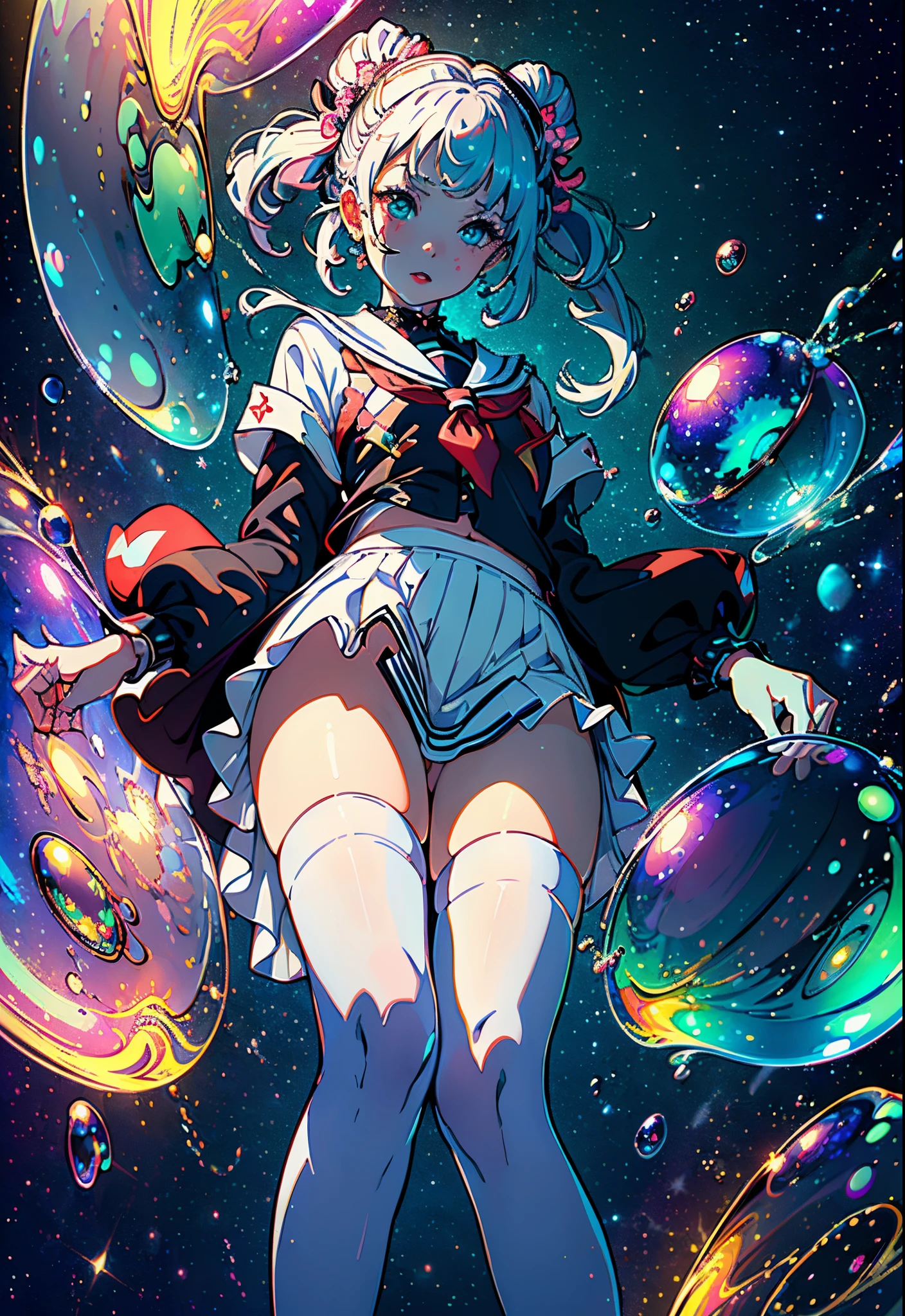 (masterpiece), (best quality), (official art, extremely detailed CG unity 8k wallpaper), (highly detailed), ((absurdres)), 1girl, mid shot, (exquisite facial features),(serafuku:1.3) ((sfw)),((clear hands)), ((white thighhighs without shoes)),aqua eyes, color contact lenses, stars in the eyes, (((colorful bubble))), colourful glass, (album cover)