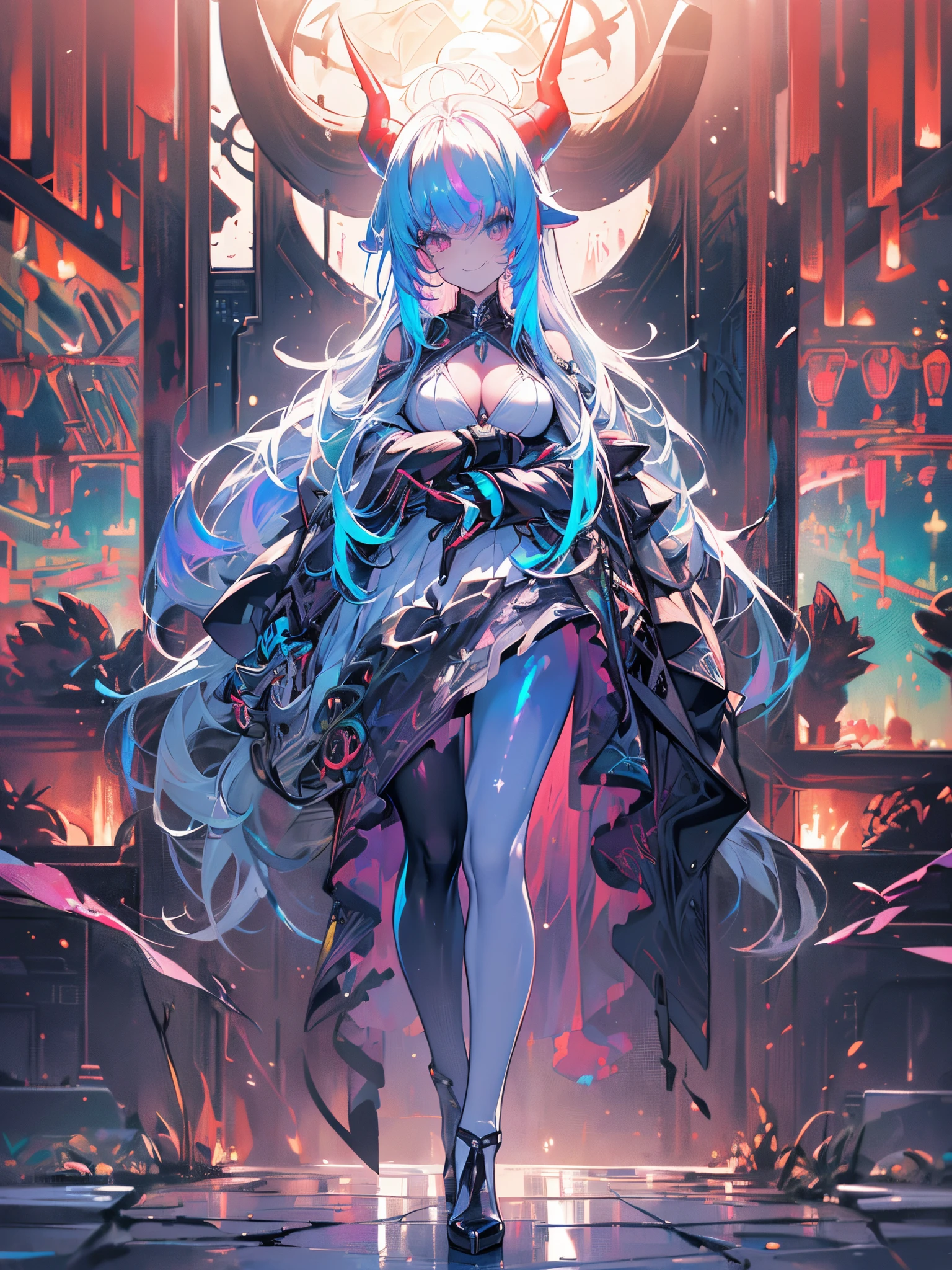 A demon girl, (((long, curved frontal horns))), long hair, detailed hair, multicolored hair, heterochromia eyes, devilish smile, suit, cleavage, thin high heels, claws, sapphire on the forehead, full body, muscular thighs , thick, small breasts, big booty, on a throne in the void, {extremely detailed 16k CG unit wallpaper}, expansive landscape photography, (a low view with focus on the character and setting), (wide view wide field), (low angle shot), (high light: 1.4), (low light: 1.4), (warm light source: 1.4), complex details, (iridescent colors: 1.8), (bright lighting), (atmospheric lighting), Dreamy, unique,