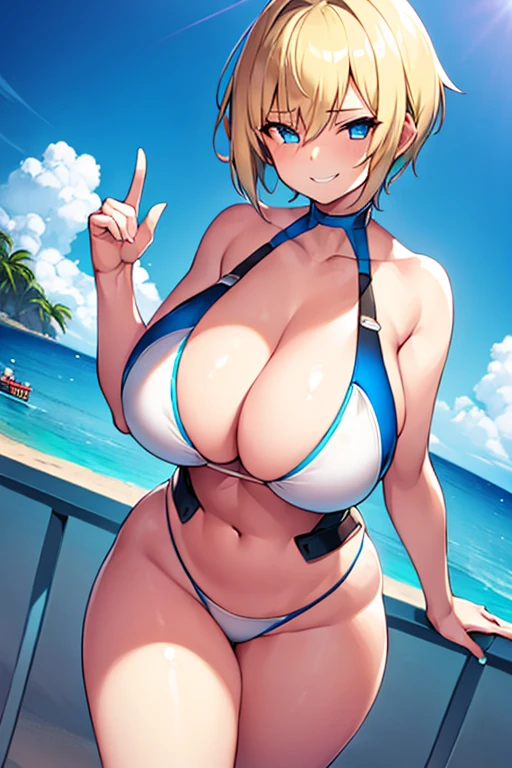 1girl, tomboy, breasts, large breasts, wide hips, thick thighs, blonde hair, beach, futuristic, tech, science-fiction, machinery, smile, smirk, smug, bikini, white bikini, neon, neon trim, blue eyes, very short hair, short hair, pixie cut, blue neon trim, blue trim