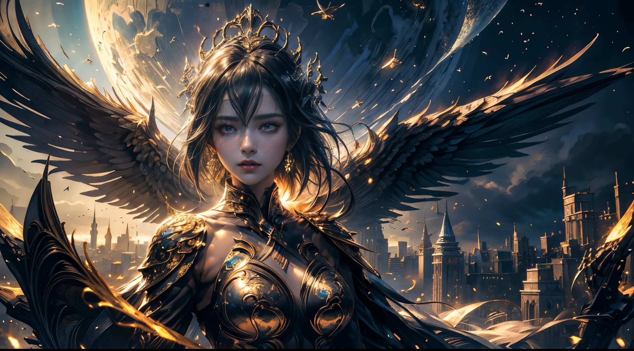 tmasterpiece，quality，Best quality，offcial art，（Beauty and aesthetics：1.2），（tmasterpiece：1.3）， （8K， realistically， RAW photo quality is the best： 1.4）， beauitful face， （photorealiscic face），超高分辨率， ultra real photo， The content is very detailed， the golden ratio， （with dynamism：1.3），（saturate：1.3），illusory engine， (high detal: 1.9)，（femele：1.4），（Sexy figure），A mature woman，Black wings background of futuristic city，Medium portrait，theatrical，（magia），（medieval times：1.8）
