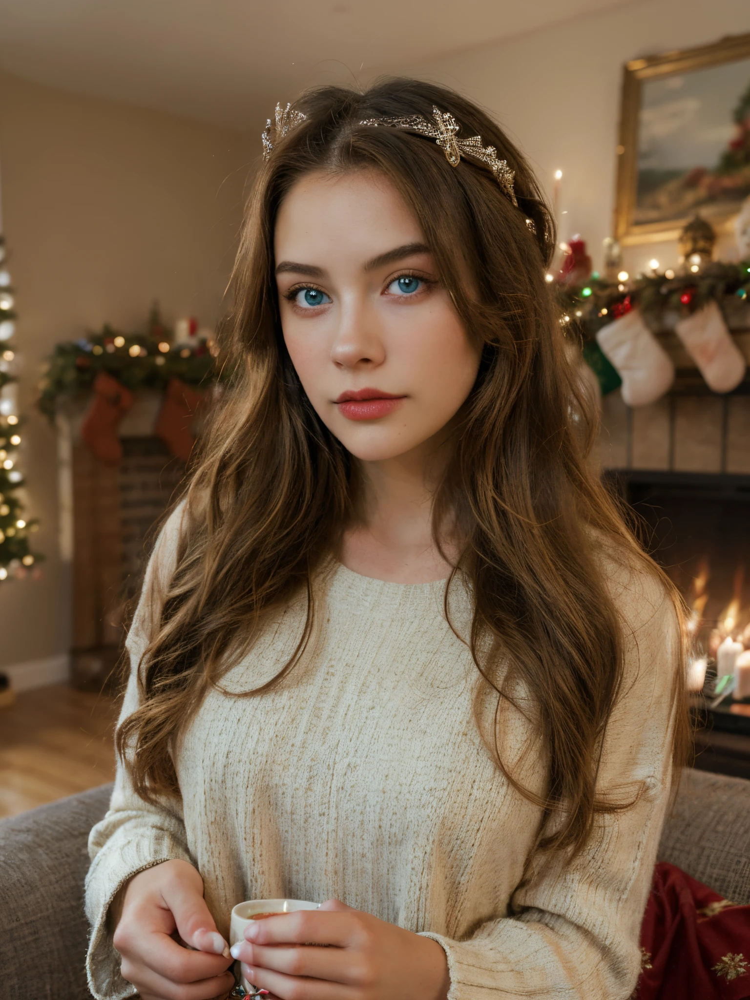 1girl, brown hair, long hair, solo, fireplace, indoors, blue eyes, looking at viewer, realistic, christmas tree, lips, table, christmas, tiara, blurry background, long sleeves, upper body, watermark, cup, closed mouth, artist name, sweater, candle, shirt, holding
