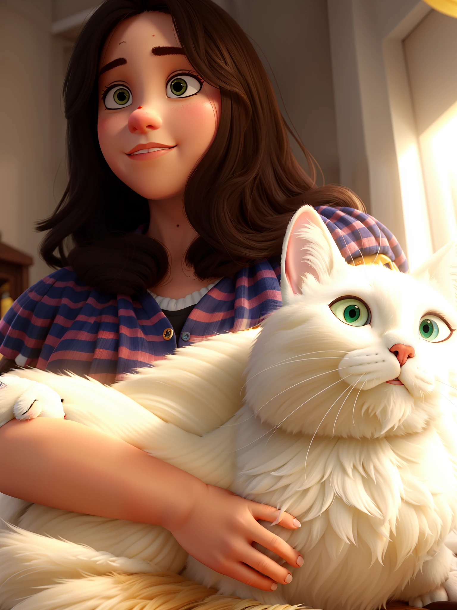uma garota branca de cabelos escuros, holding a white cat in her arms, alta qualidade, melhor qualidade.