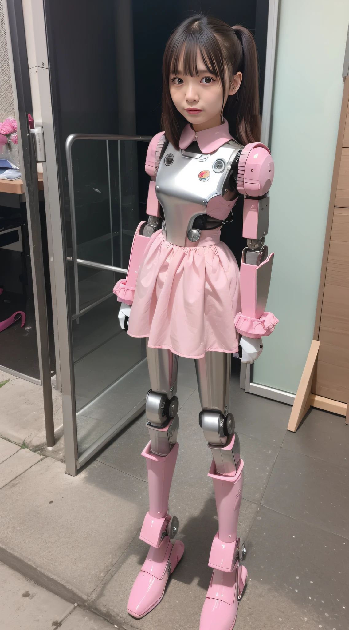 Robot Girl, pink there, Silver, Metallic body, Robot Parts, Metal Parts, Super Detailed Face, Super well-formed face, of the highest quality, a small face, small head, Brown hair, Slender body, Camera gaze, Internal Mechanical Exposure, Idol, front facing, Well-proportioned body, sale, Exhibited, Event Hall, Moe Pose, pink metallic ta dress machine armor, Standing with legs open, Model body type, sad, Embarrassing,(Perfect Robot Girl),(Perfect machine body)