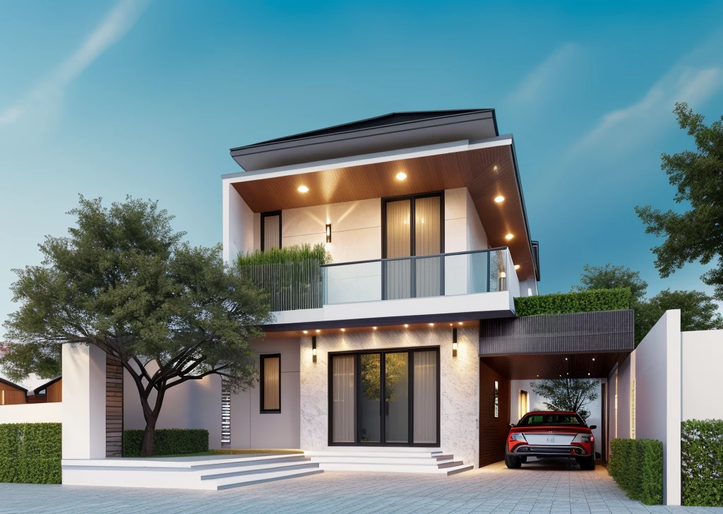 Realistic images, extremely detailed, a modern house, 1 road in font of house, large yard made by ceramic, (1 car), brick fence, lawn, a few small flowers, a road in front of the house, main materials of the house are white walls and red brick, Modern design, clear blue sky, sunrise light, light from inside, dynamic light,shimering light, cinematic light, romantic feeling, (((day light, warm light))), SNOW:1.3, WINTER