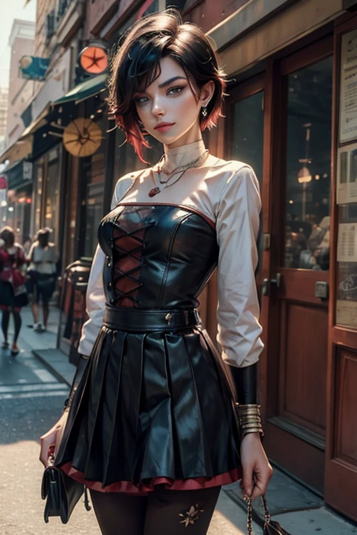 (masterpiece, best quality:1.2), cowboy shot, solo, 1girl, ruby rose, looking at viewer, arms behind back, white pleated skirt, t-shirt, long sleeves, pantyhose, necklace, bangles, earrings, cityscape, street