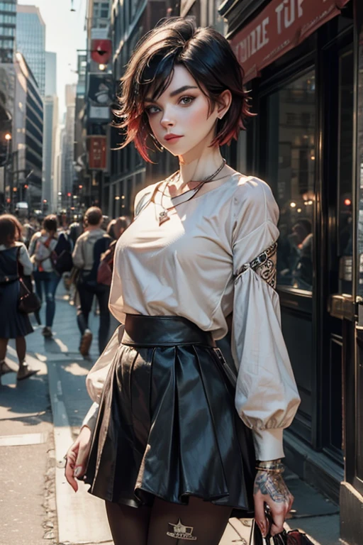 (masterpiece, best quality:1.2), cowboy shot, solo, 1girl, ruby rose, looking at viewer, arms behind back, white pleated skirt, t-shirt, long sleeves, pantyhose, necklace, bangles, earrings, cityscape, street