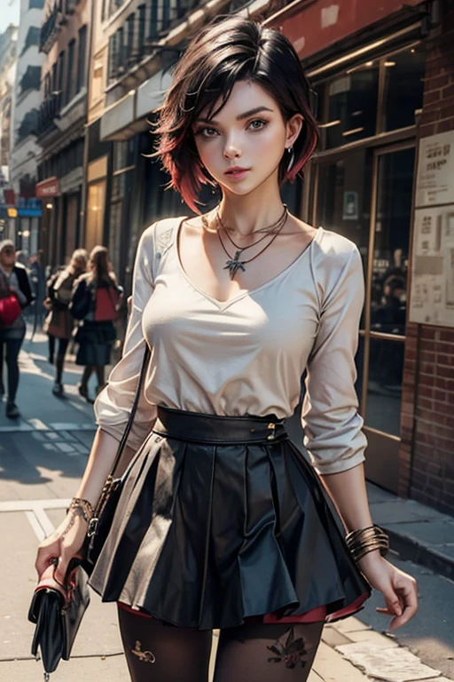 (masterpiece, best quality:1.2), cowboy shot, solo, 1girl, ruby rose, looking at viewer, arms behind back, white pleated skirt, t-shirt, long sleeves, pantyhose, necklace, bangles, earrings, cityscape, street