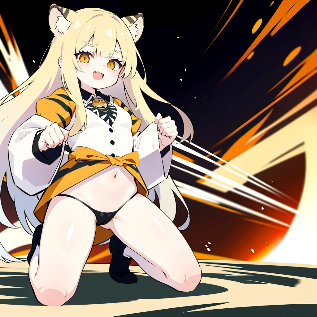 master-piece,hyper quality, hyper detailed,perfect drawing,1 beautiful girl, tiger print bikini, tiger ears, tiger tail, tiger palm, tiger paws, tiger fingers, sharp claws, sharp fangs, hunter's eyes aiming at prey, black and blonde mesh, sharp eyes, height 177cm, three sizes B95W60H90, kneeling, pow pause