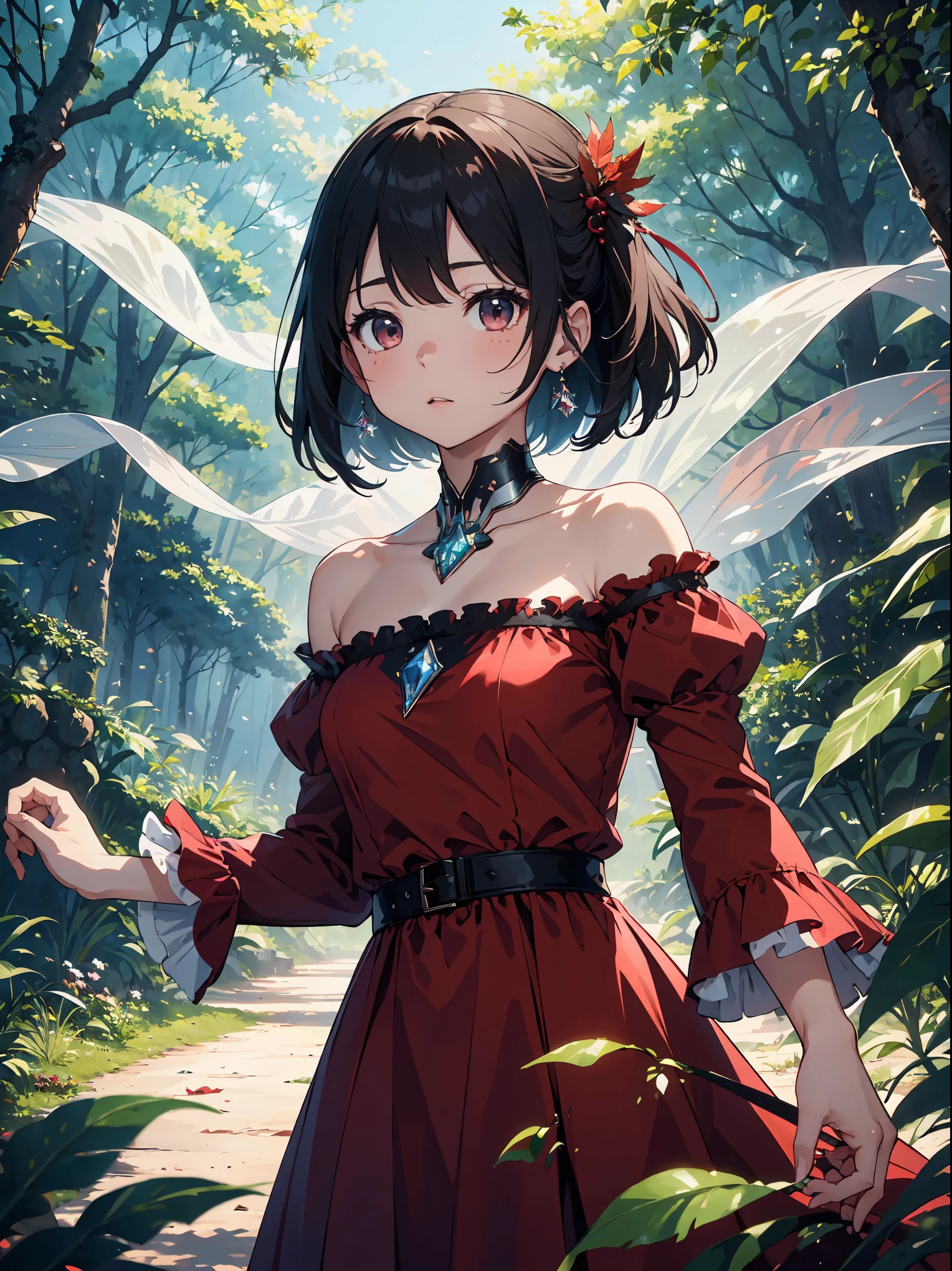 (​masterpiece, top-quality, supreme, Official Art, Beautifully Aesthetic, long exposure time: 1.2), Smooth movement, Charming Patterns, one girls, (long dress with ruffled sleeves: 1.3), (((Red clothes))), upper body closeup, bare shoulders​, little ukrainian girl, （Young children：1.5）、（juvenile：1.8）、（５Year old daughter：1.3）red blush, Black leaf hair, portraitures, 独奏, The upper part of the body, looking at the observer, 细致背景, A detailed face, (Crystallized AI, Crystal theme:1.2), Noble daughter, Rotating leaves, Control Leaf、Wine red colored clothes、dynamicposes、particles floating、ethereal dynamics、fronds、steams、forest in background、green tint、the woods、Ethereal Atmosphere、