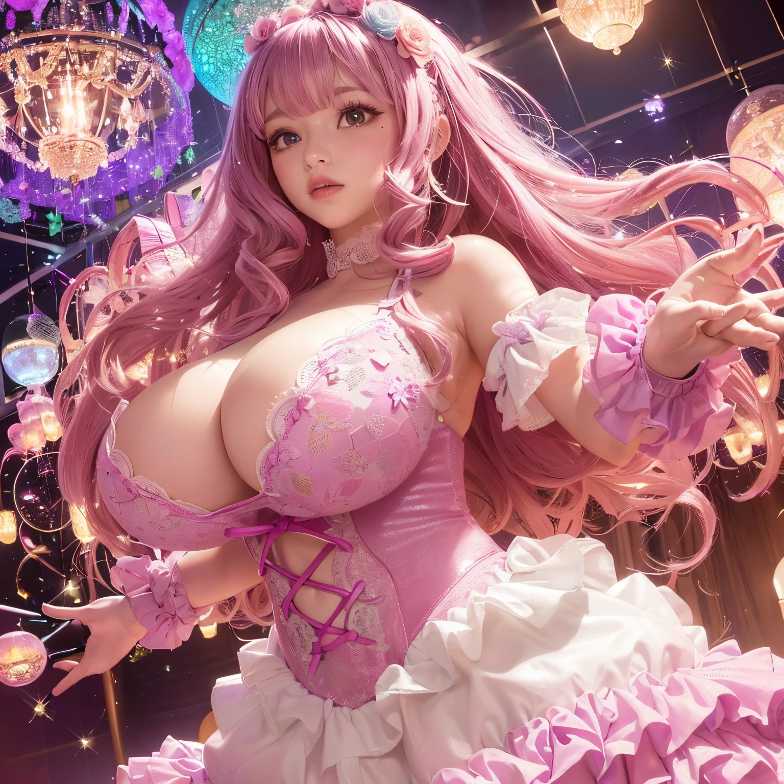 The upper part of the body、one girls、i have purple hair color、Two-tone、(Pink Highlight Hair、Curly hair/floral hair band、very Bigger breasts、very heavy and big breasts、flamenco lace costume、(The flashy pink floral lace is the highlight)Holding a shining wand..、Shining magic circle、Countless glowing spheres float、Glowing soap bubbles、shining chandelier