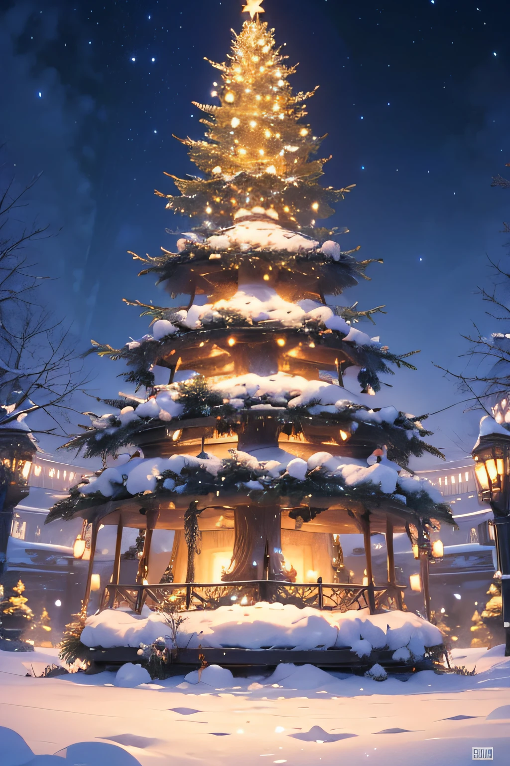 Christmas tree snowy night milky way europe buildings no one